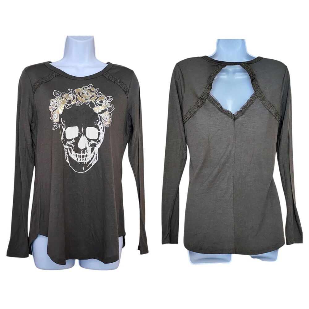 Jerry Leigh Womens Top Size M Army Green Long Sleeve Cut Out Back Sugar Skull